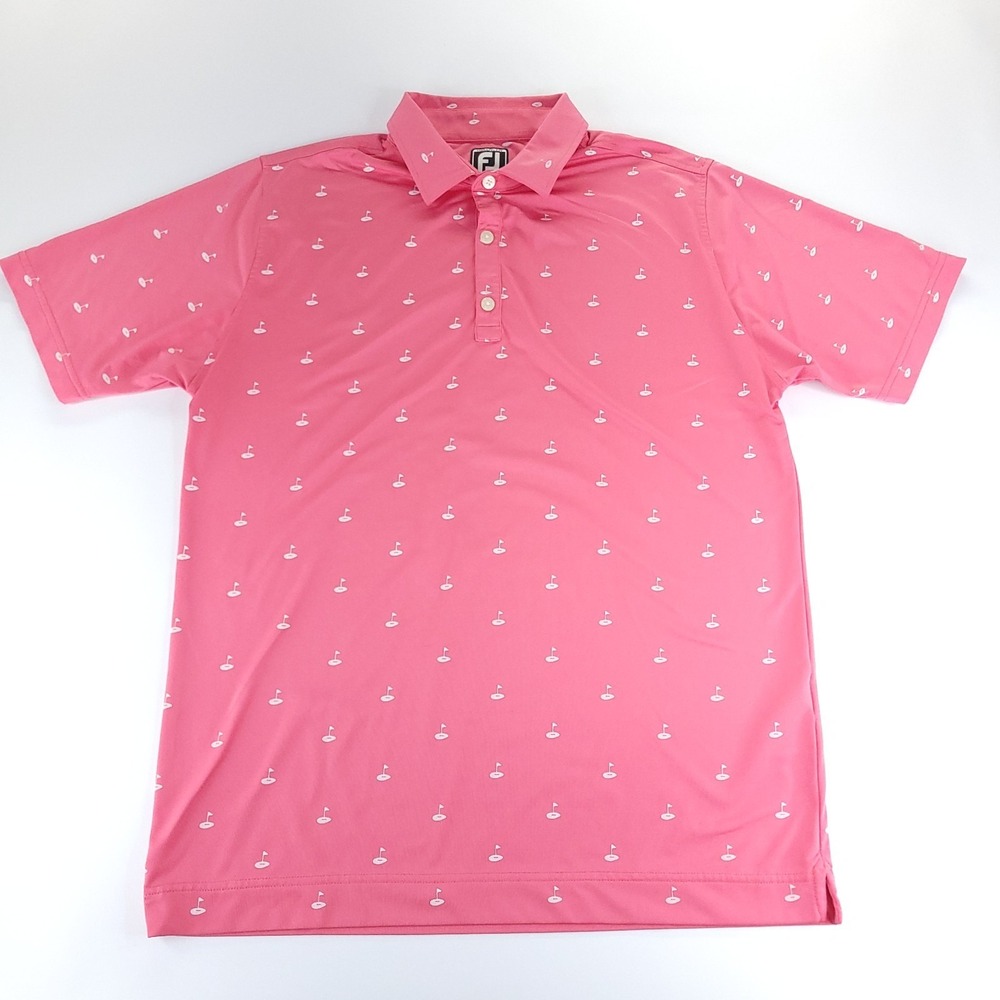 Footjoy Polo Shirt Mens Medium Athletic Fit Pink Golf Green Flag All Over Print